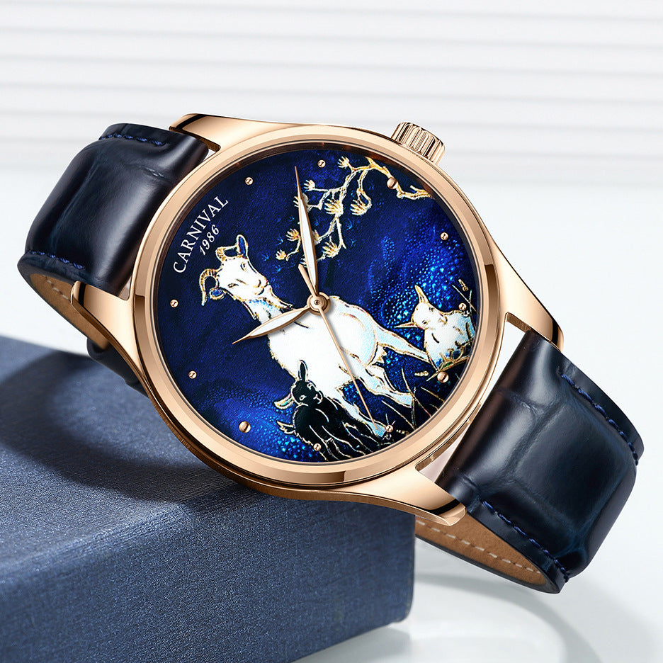 Luxury watch with detailed design on a blue background