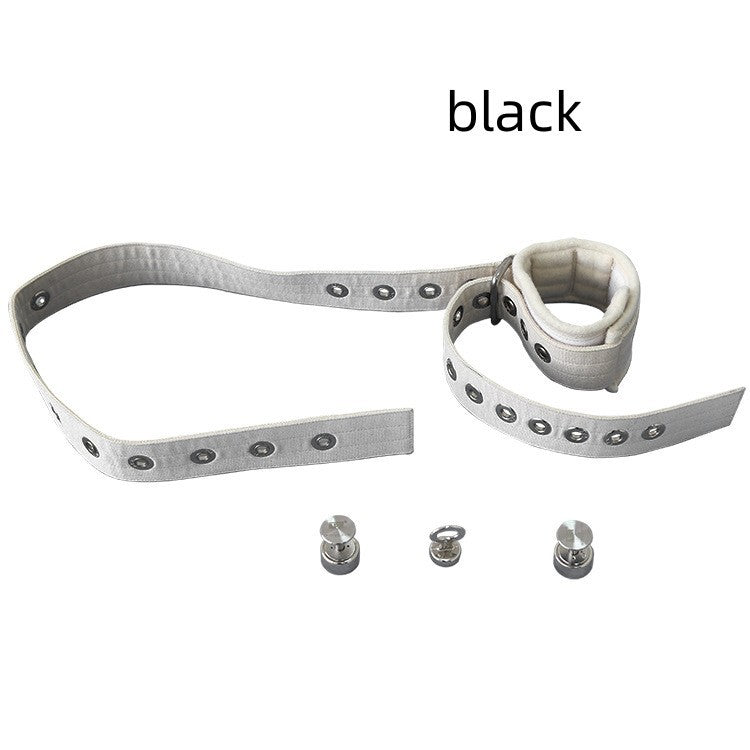 Gray leather belt with metal hardware on a white background