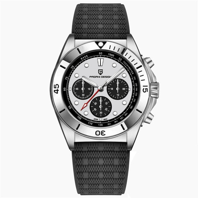 Wristwatch with black strap and silver case on a white background