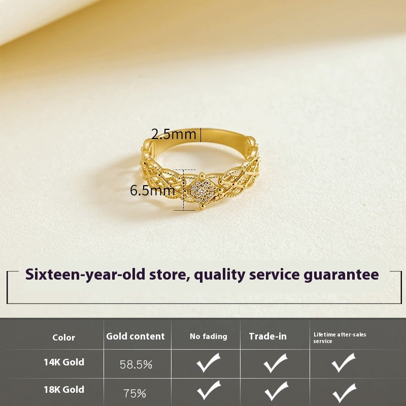 Gold ring with measurements and product specifications on a light background