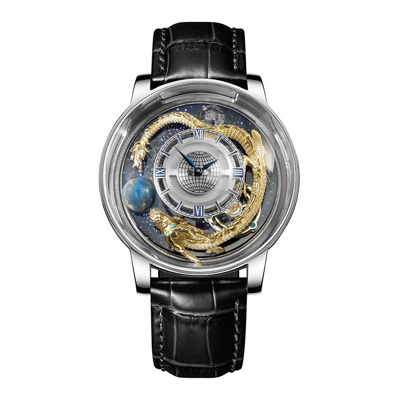 Luxury watch with black leather strap and intricate design on white background