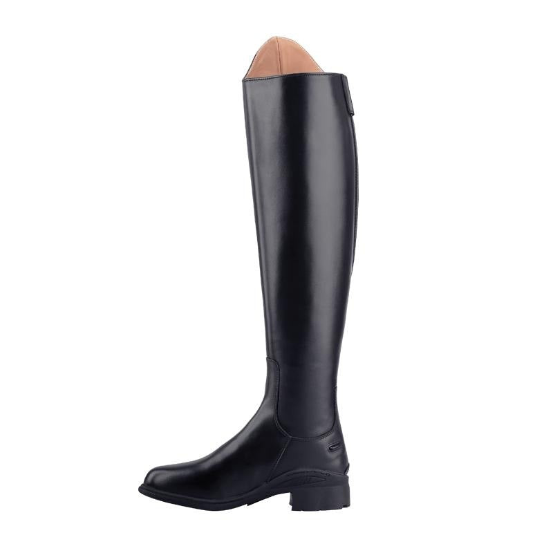 Black riding boot with tan top on a white background