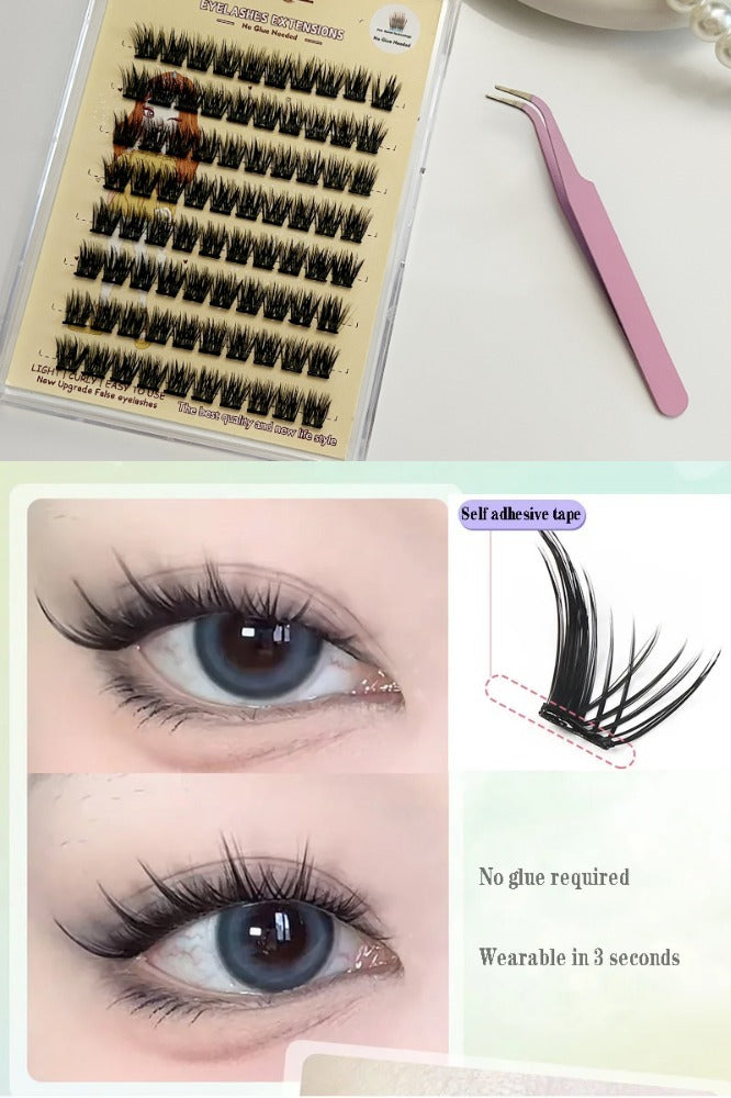 Eyelash extension set with tools and application results on a white background