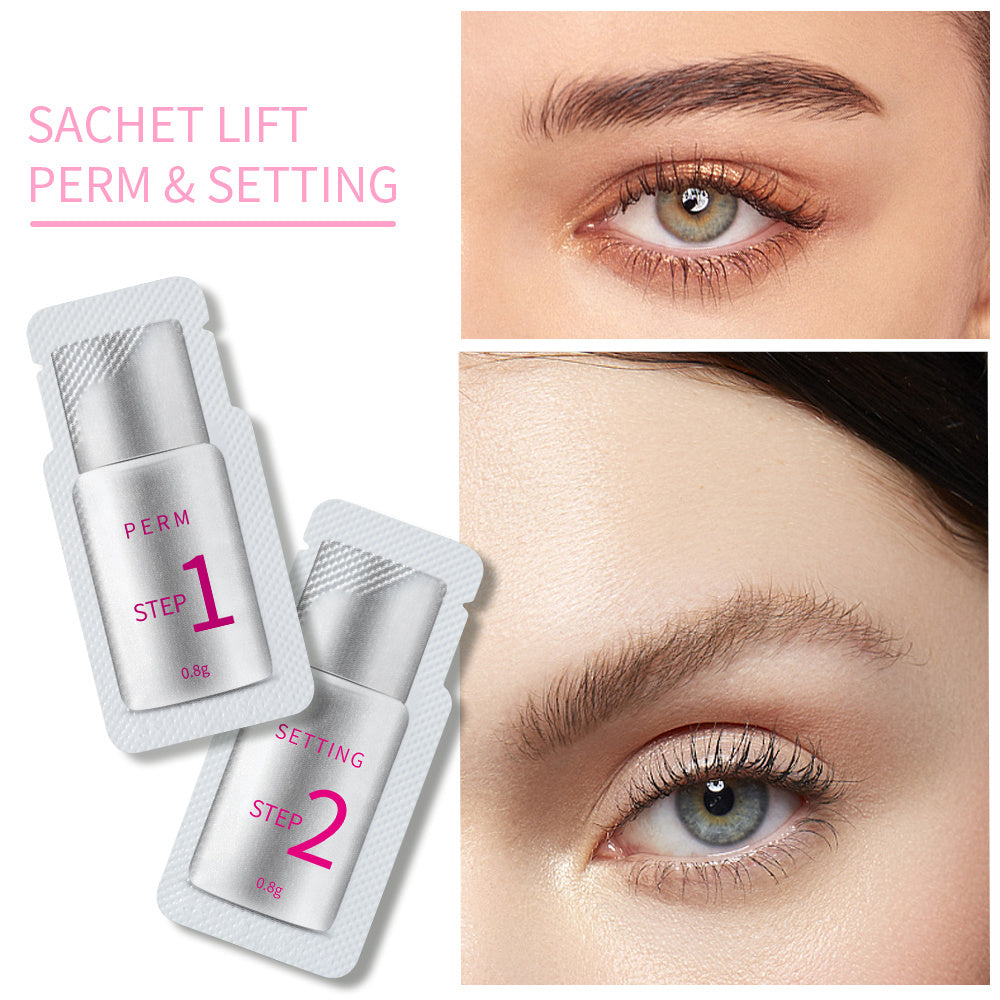 Two sachets labeled 'Step 1' and 'Step 2' with close-up shots of eyes before and after use.