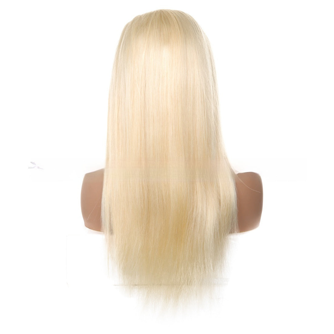 Blonde wig on a mannequin head with a white background