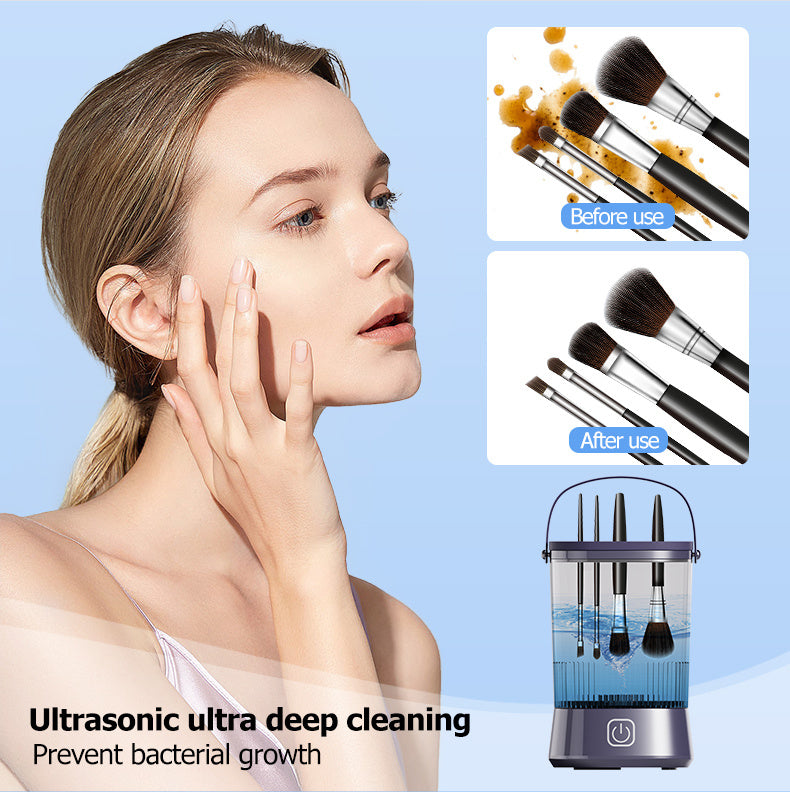 Woman cleaning her face with a brush, ultrasonic cleaner, and before/after images of brushes.