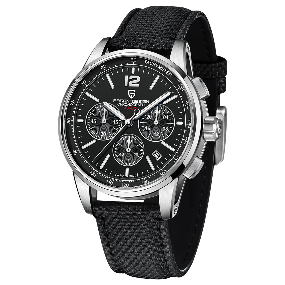 Black wristwatch with silver case on a white background