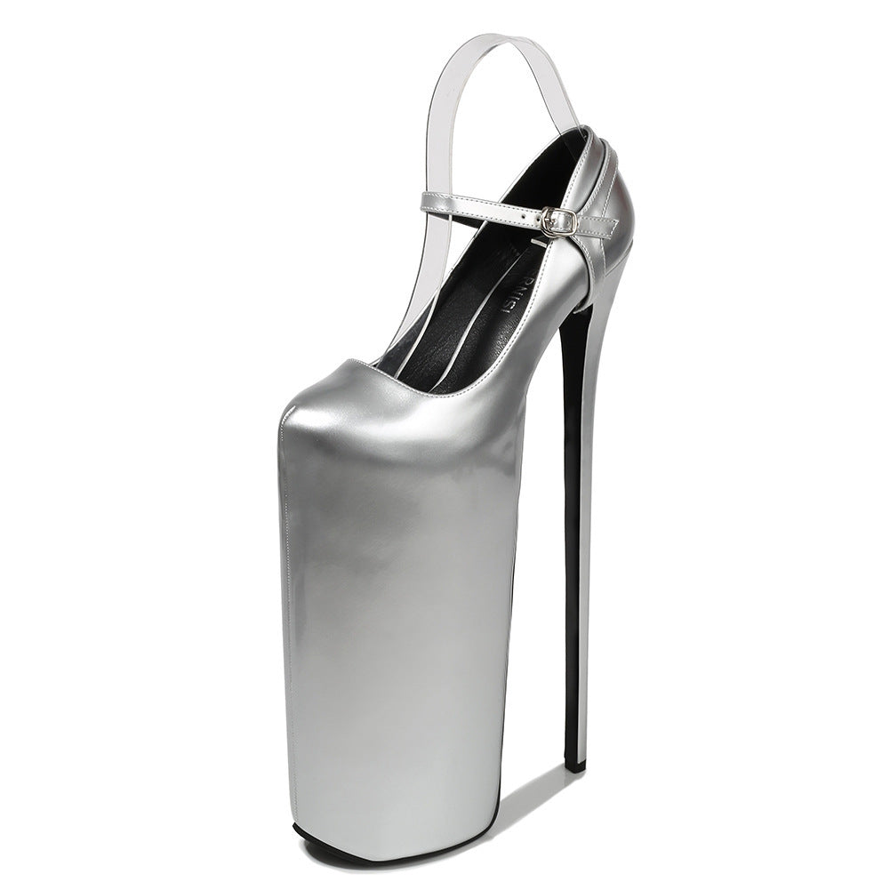 Silver high-heeled shoe on a white background