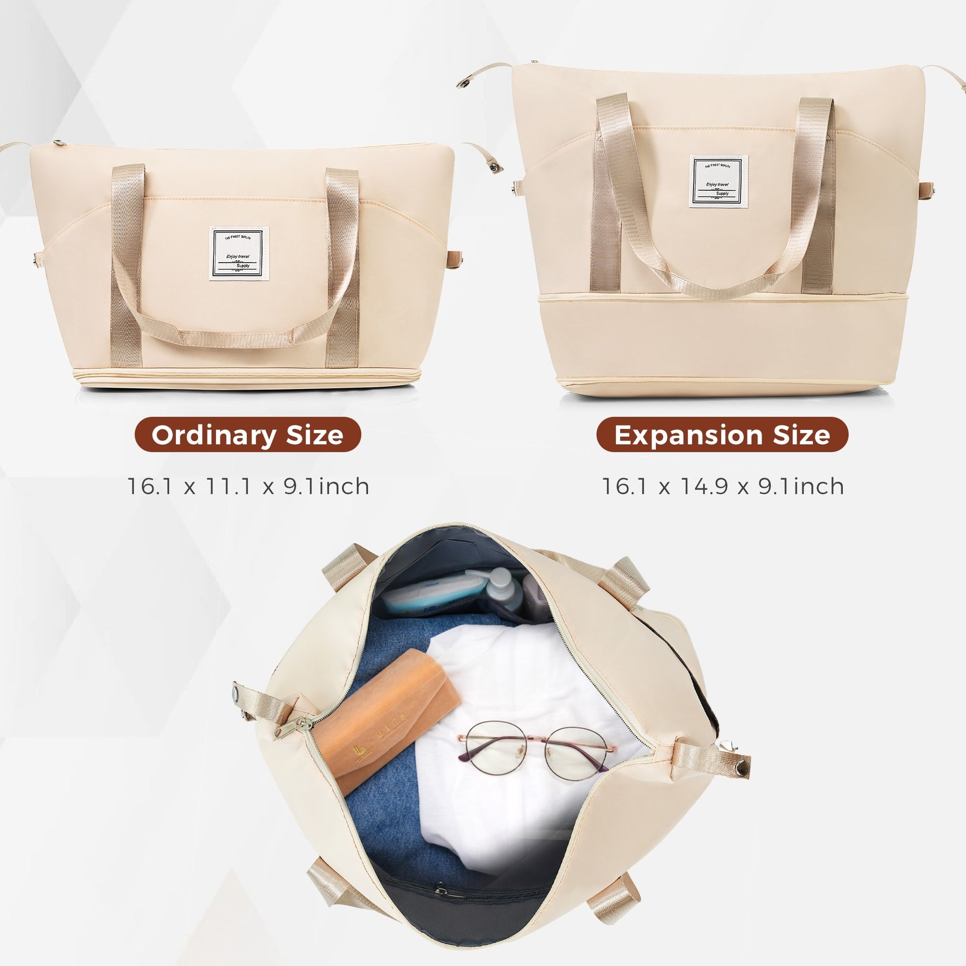 Two beige bags, one labeled 'Ordinary Size' and the other 'Expansion Size', with a comparison of their dimensions and contents.