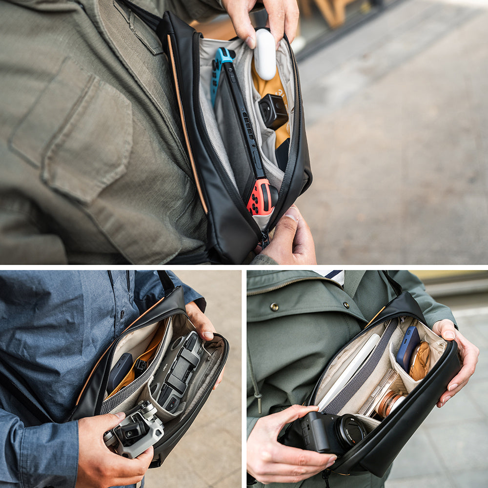Collage of a person opening a black bag with various items inside, including a gun.