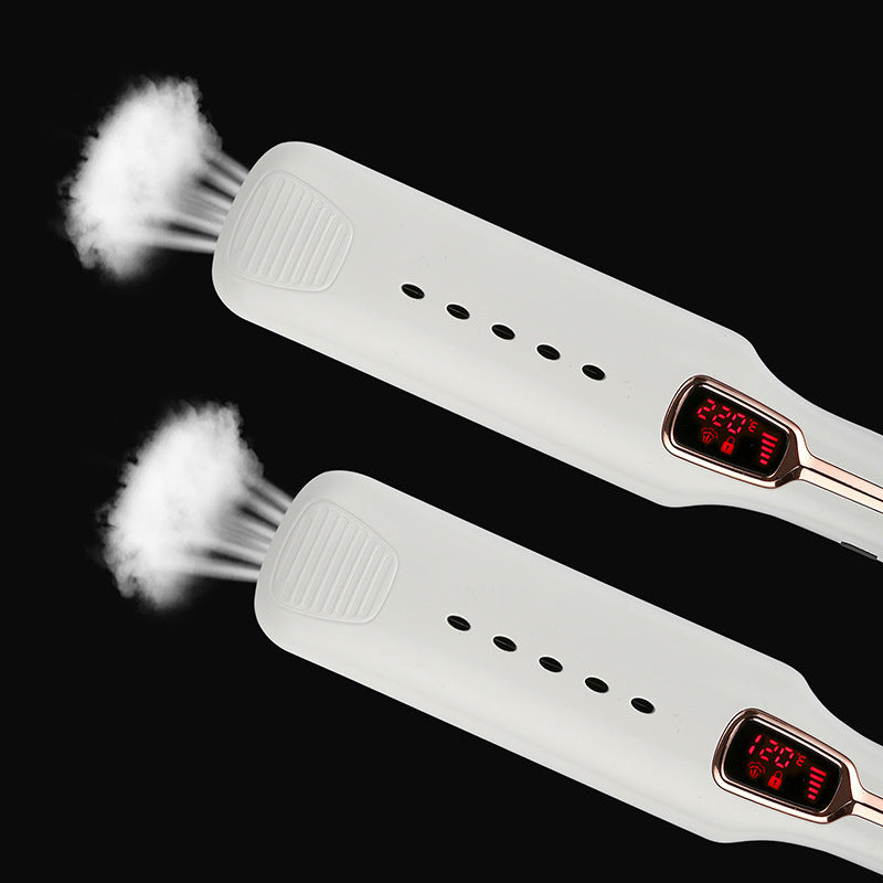 White hair straightener with digital display on a black background