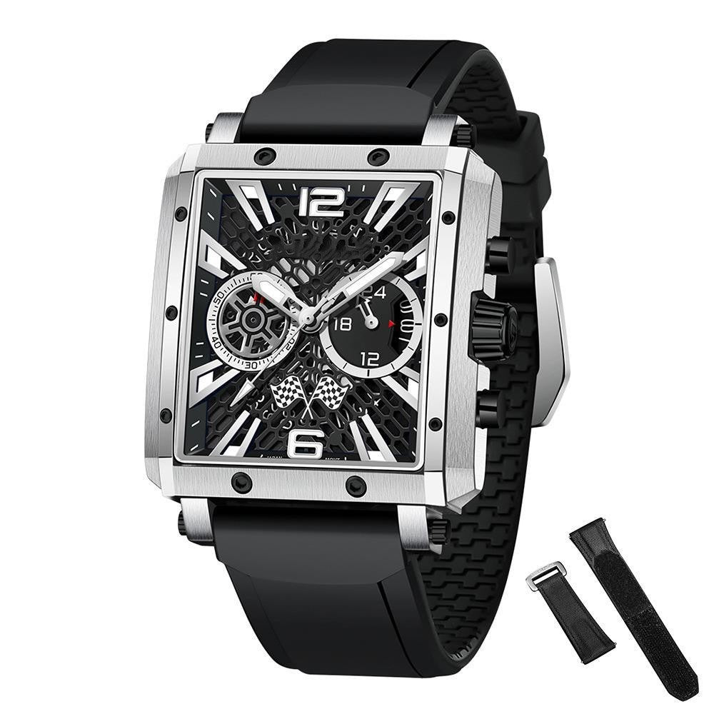 Black wristwatch with detailed face and additional strap on a white background