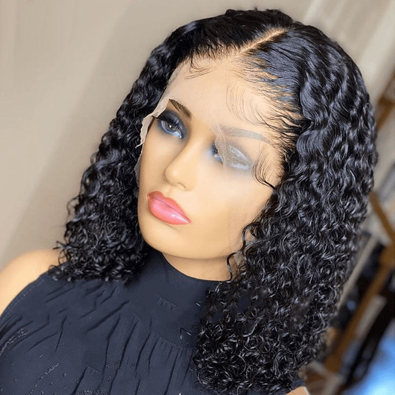 Mannequin head with a black curly wig on a neutral background