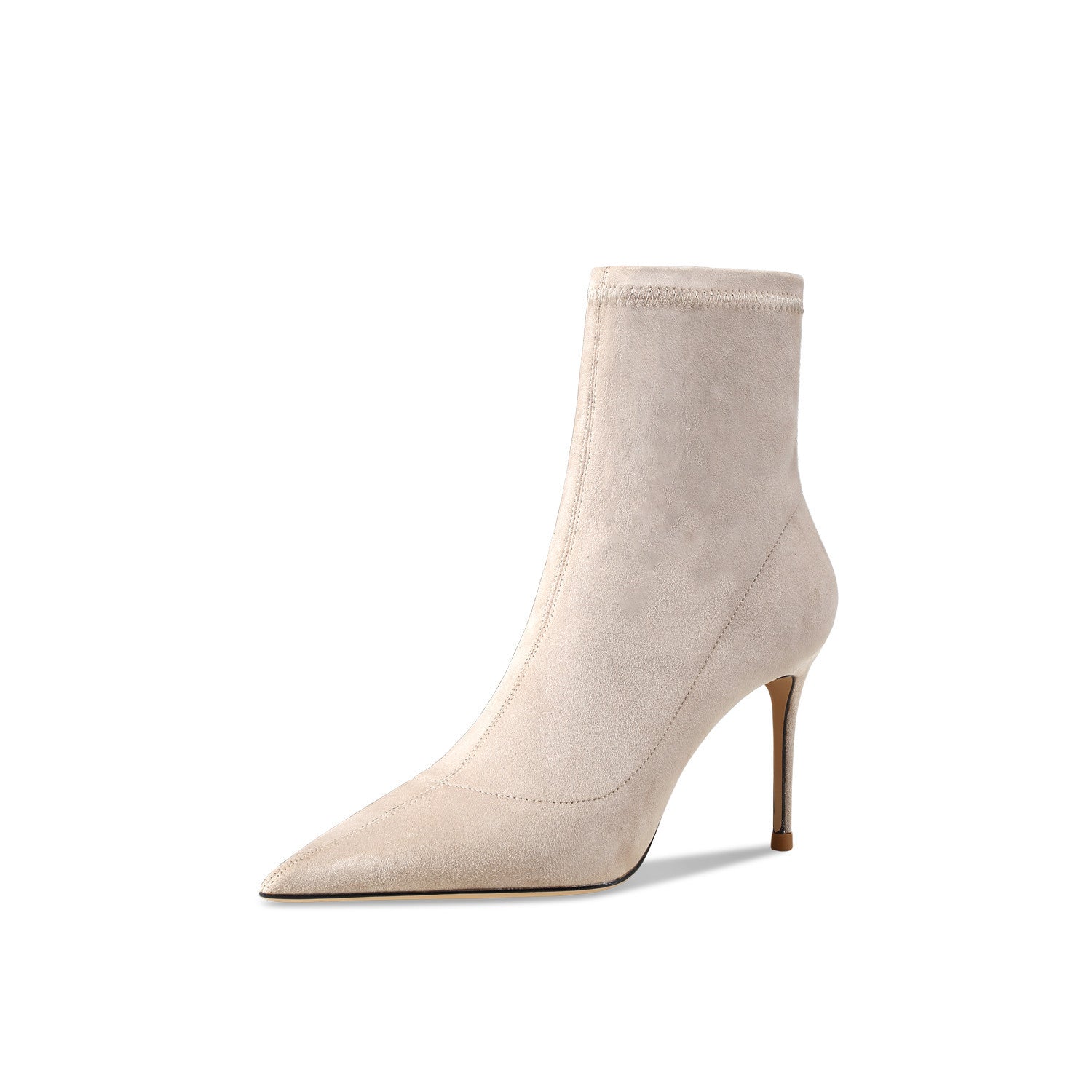Beige ankle boot with a high heel on a white background