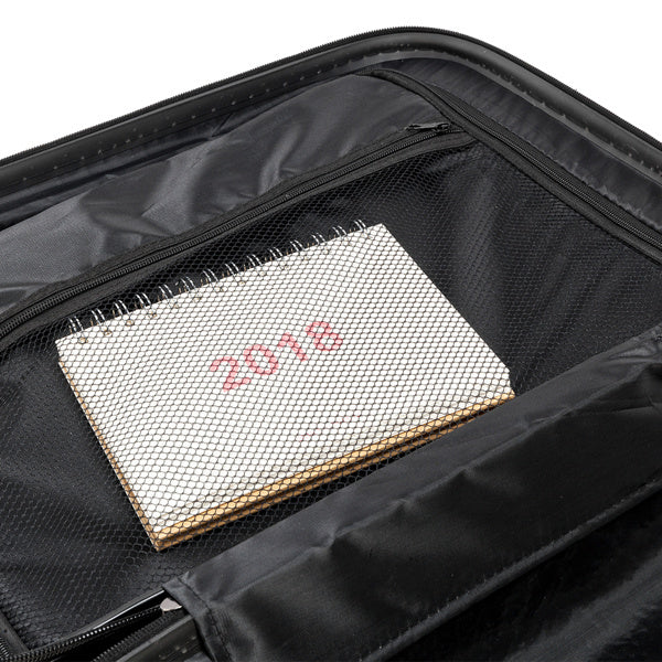 Black suitcase with a mesh screen and red text inside, on a white background