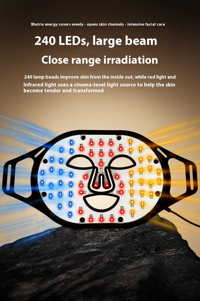 LED face mask with text about LED benefits on a dark background