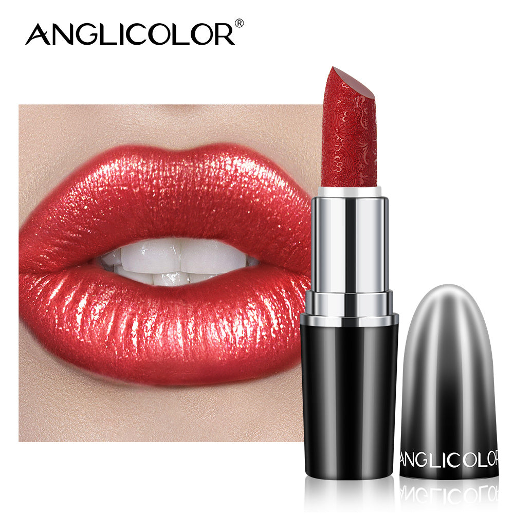 Anglicolor lipstick with a close-up of lips wearing the color on a white background