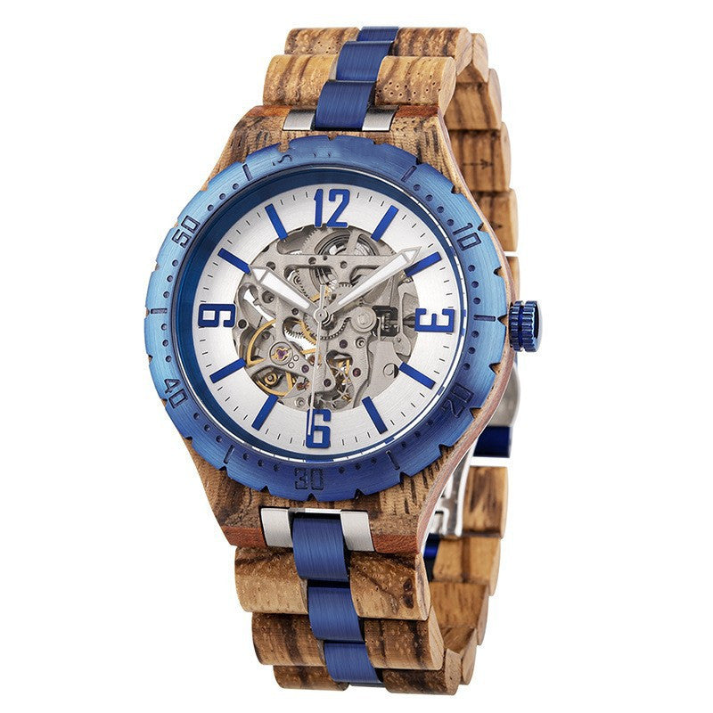 Wooden watch with blue accents on a white background