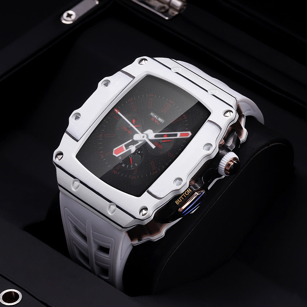 Silver wristwatch with a black face on a dark background