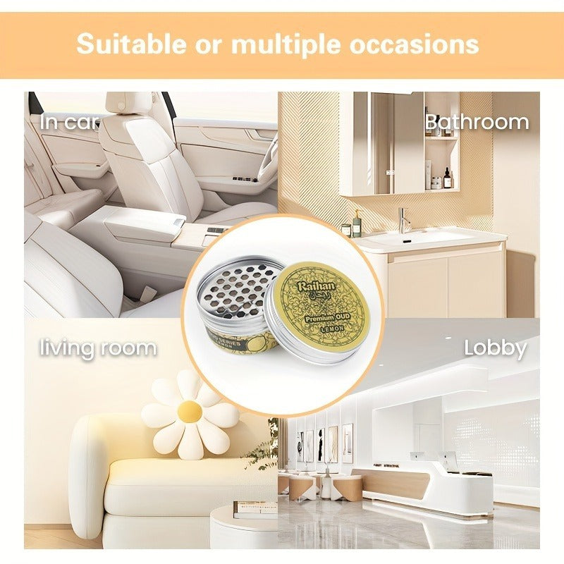 Ratan 21 product can with diffuser suitable for various locations including car, bathroom, living room, and lobby.