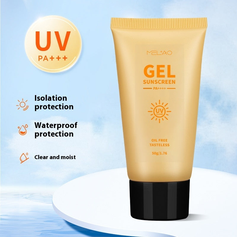 Tube of Melcao sunscreen gel with UV protection label on a blue background