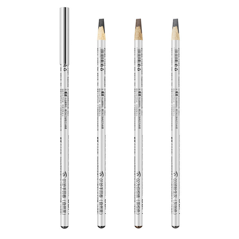 Four makeup pencils with caps on a white background