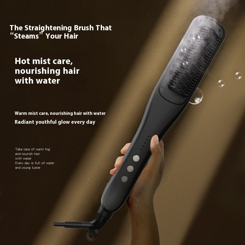 Hair straightening brush with steam feature held by a hand, on a dark background.
