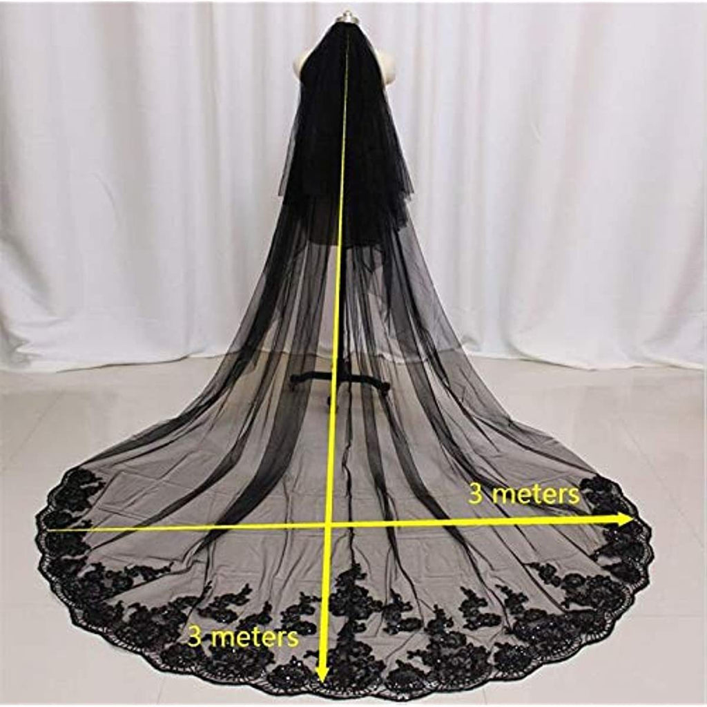 Black lace veil on a stand with measurements indicated