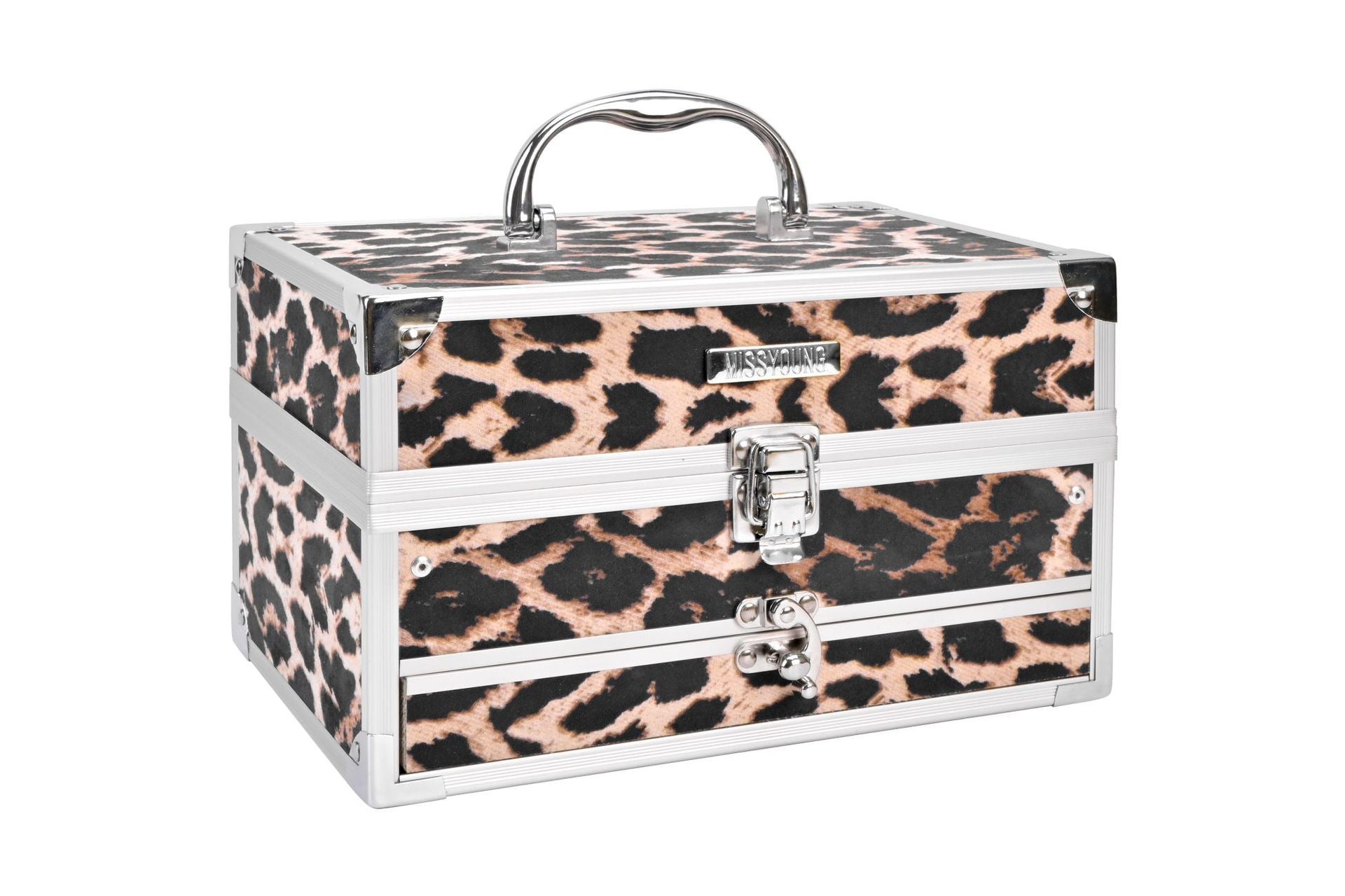 Leopard print makeup case with a silver handle and base on a white background