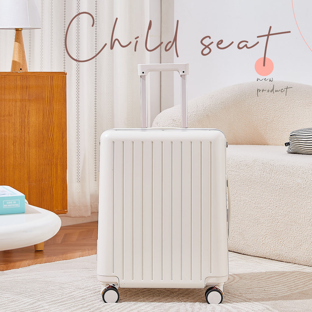 White suitcase with 'Child seat' text in a living room setting
