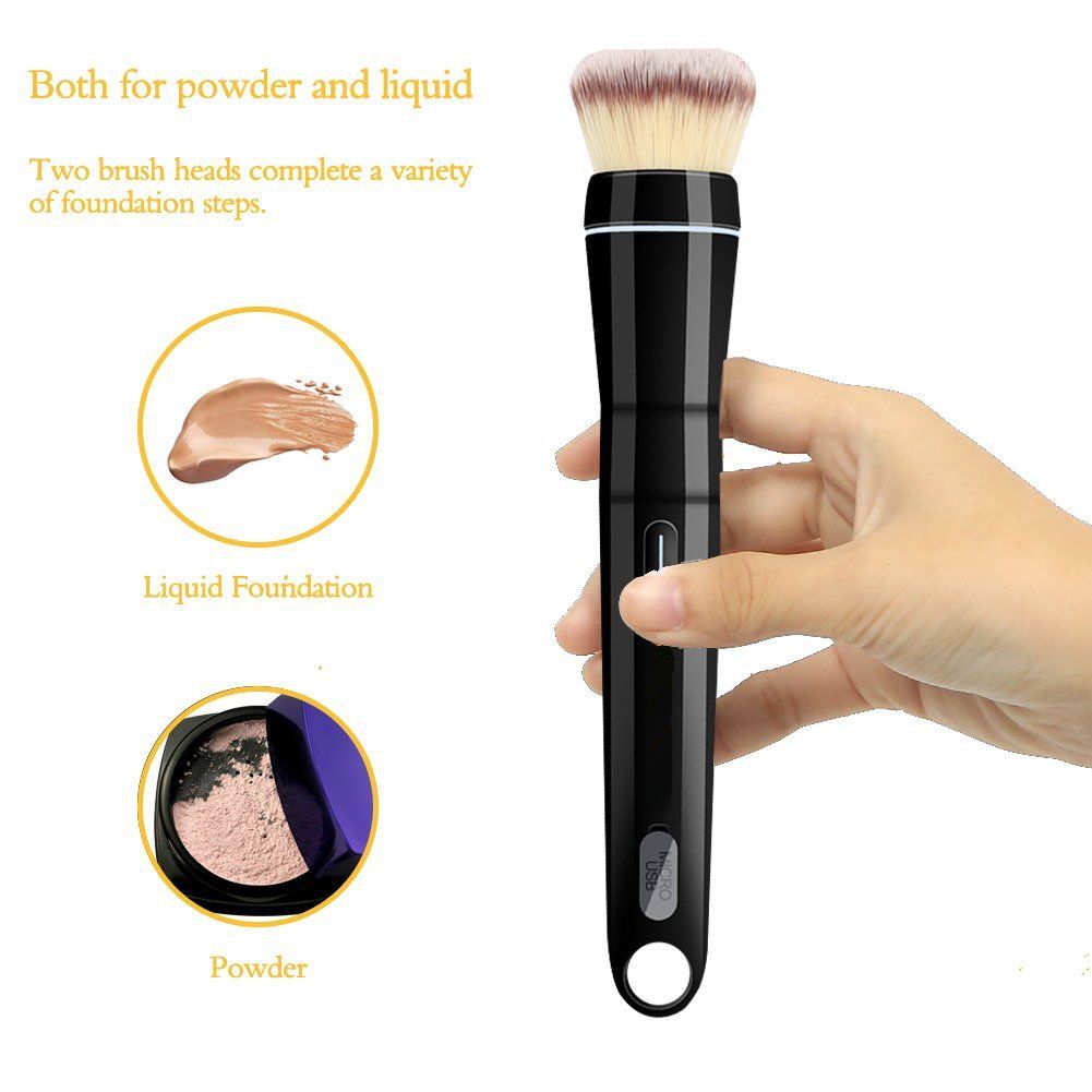 Makeup brush with two brush heads for powder and liquid foundation, held by a hand.