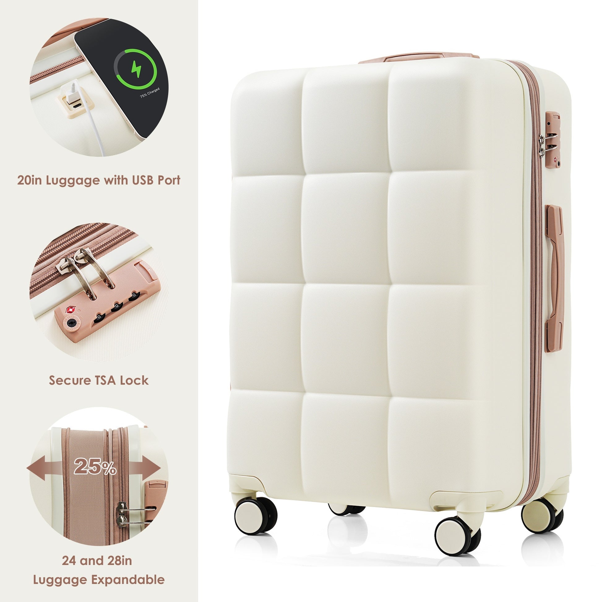 White suitcase with pink accents on a white background