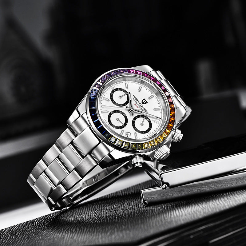 Silver wristwatch with a detailed face on a dark surface