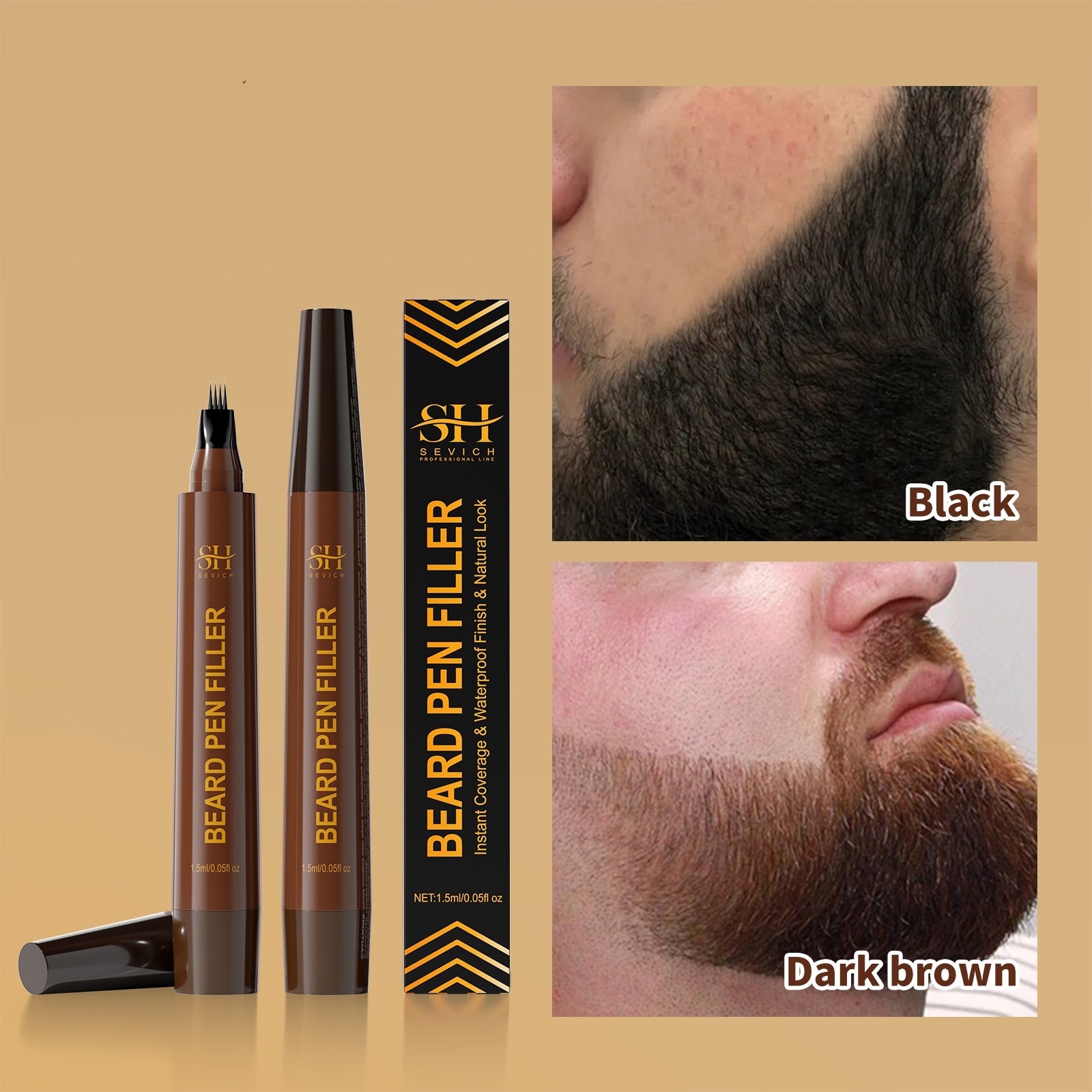 Beard pen filler with packaging and color options on a beige background