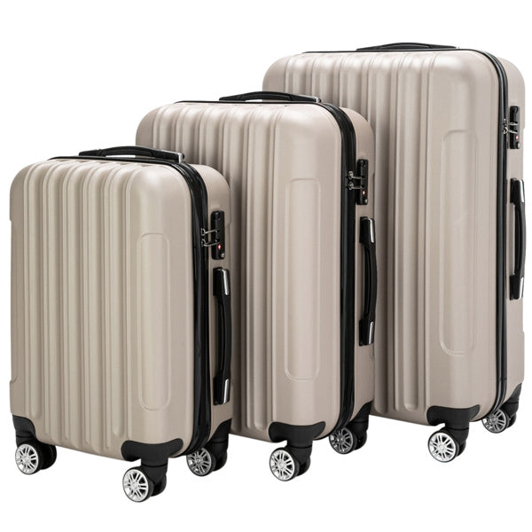 Set of three beige suitcases with black handles and wheels on a white background