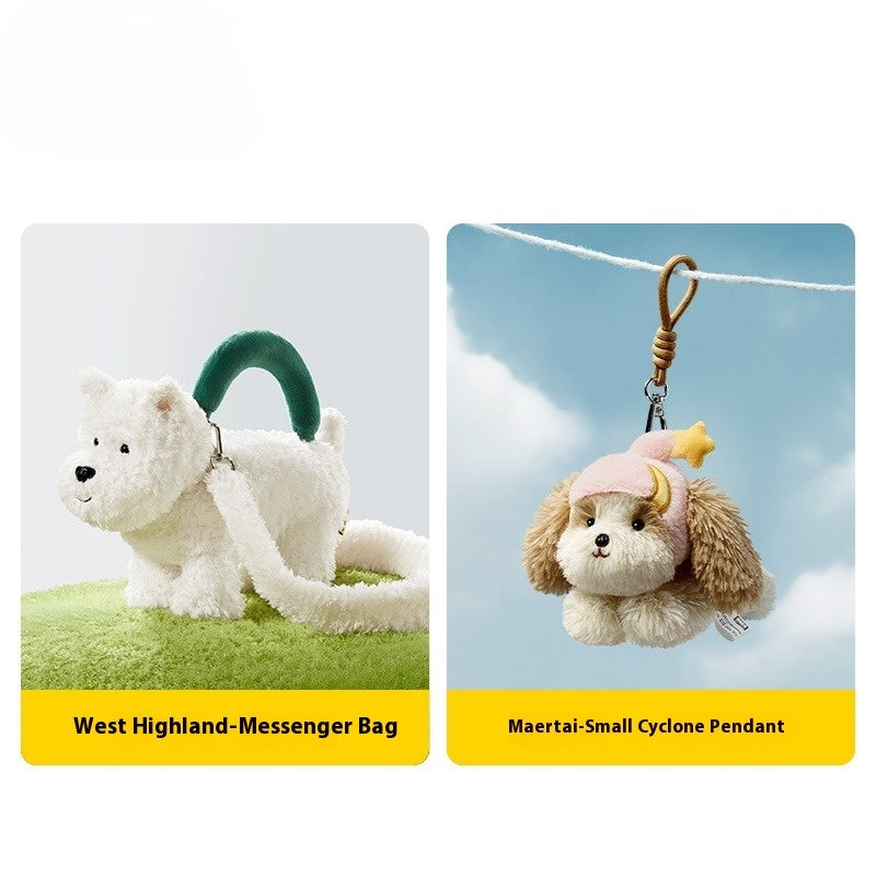 Two plush toys, one white dog with a green leash and one brown dog with a pink hat, on a white background.