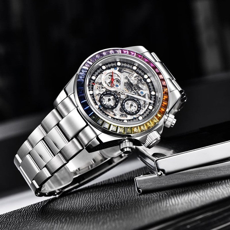 Silver wristwatch with colorful gemstones on a dark background