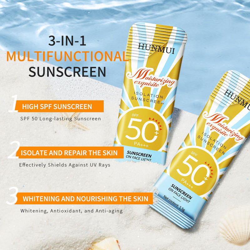 Two bottles of Hunmui sunscreen with beach background