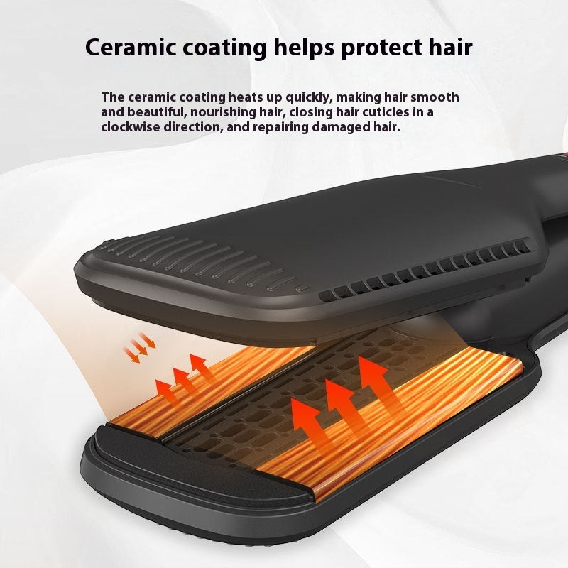 Hair straightener with ceramic coating feature and text explaining its benefits.