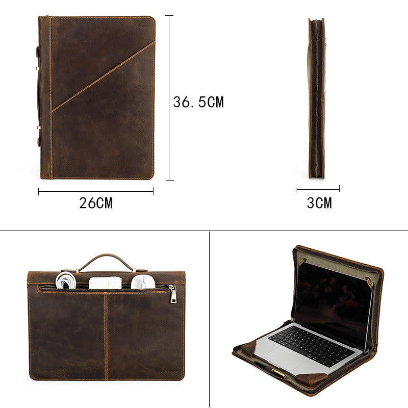 Brown leather laptop case with measurements on a white background
