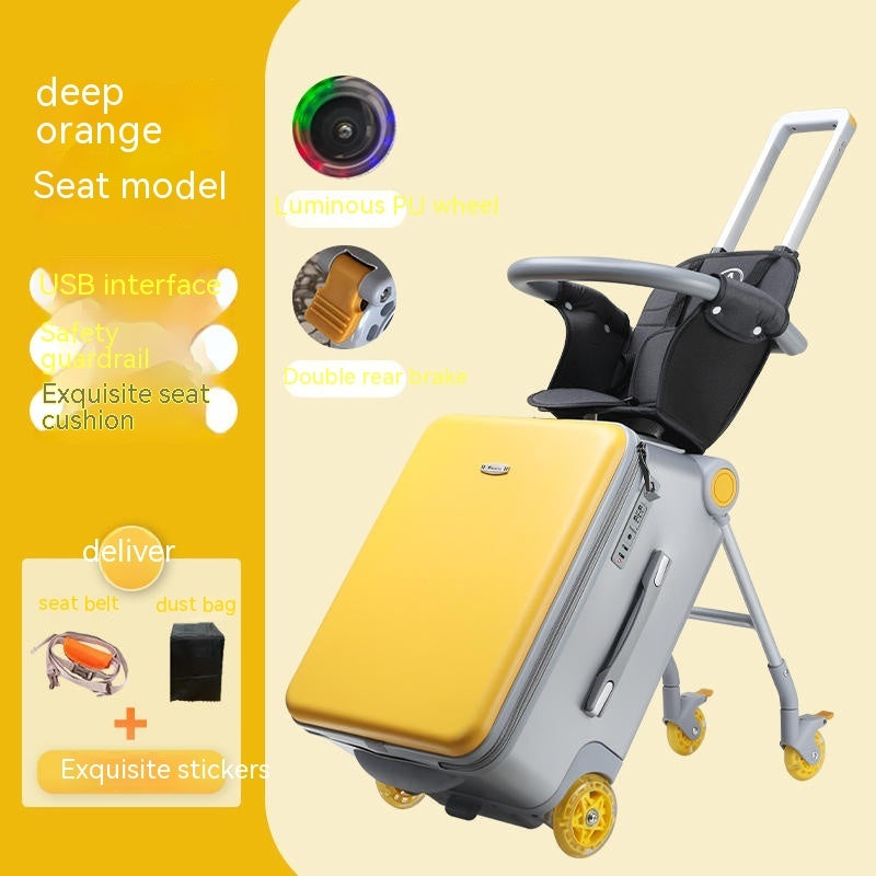 Yellow suitcase with a stroller attachment on a yellow background