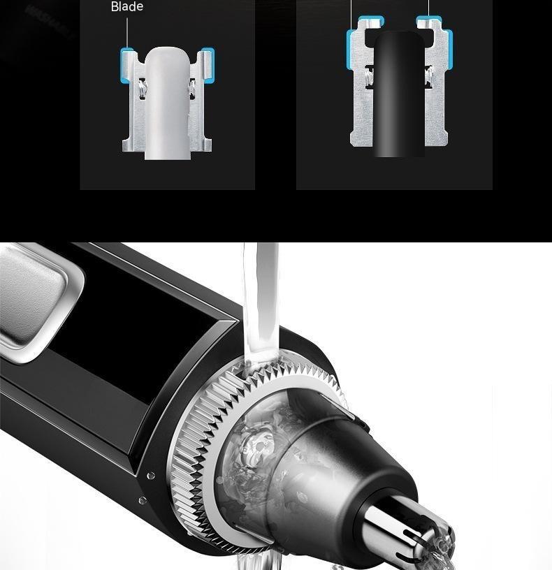 Close-up of a grooming tool with blade components displayed above.