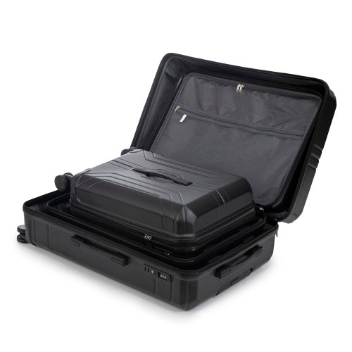 Black suitcase with open lid on a white background