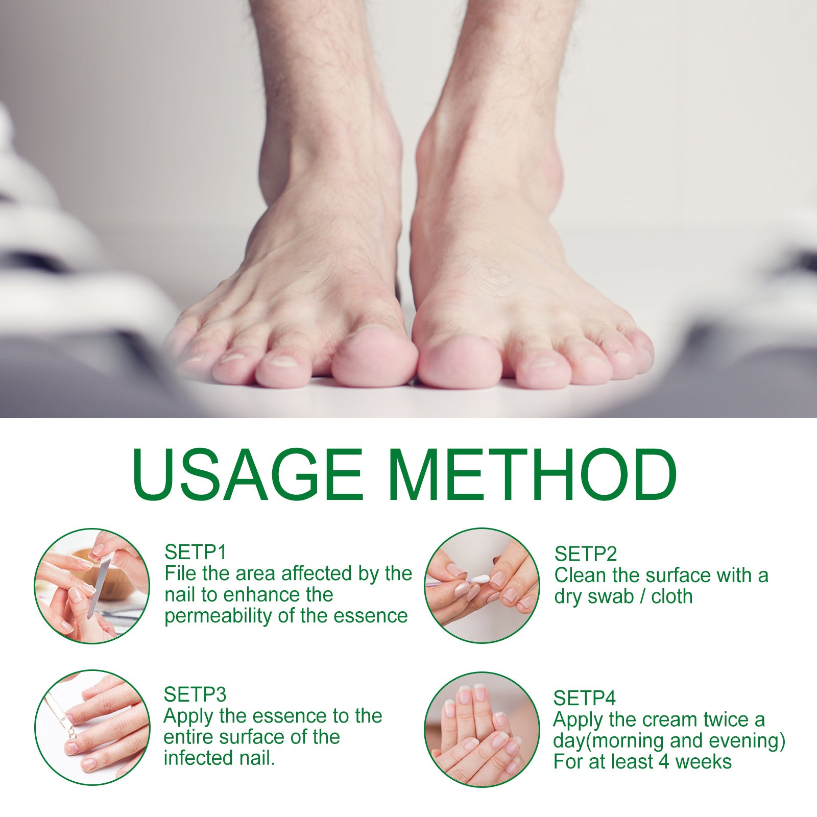 Usage method instructions for a nail care product with feet in the background