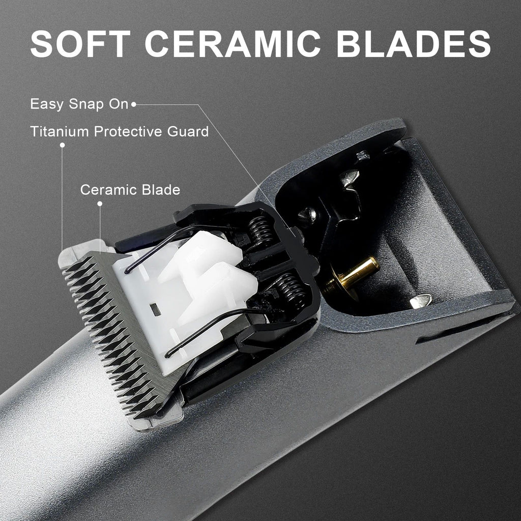 Hair trimmer with soft ceramic blades and protective guard on a gray background