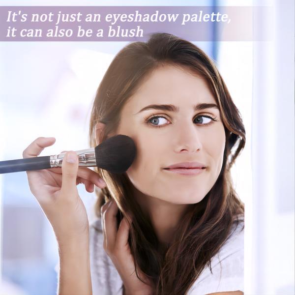 Woman applying makeup with a brush, text overlay about eyeshadow palette and blush.
