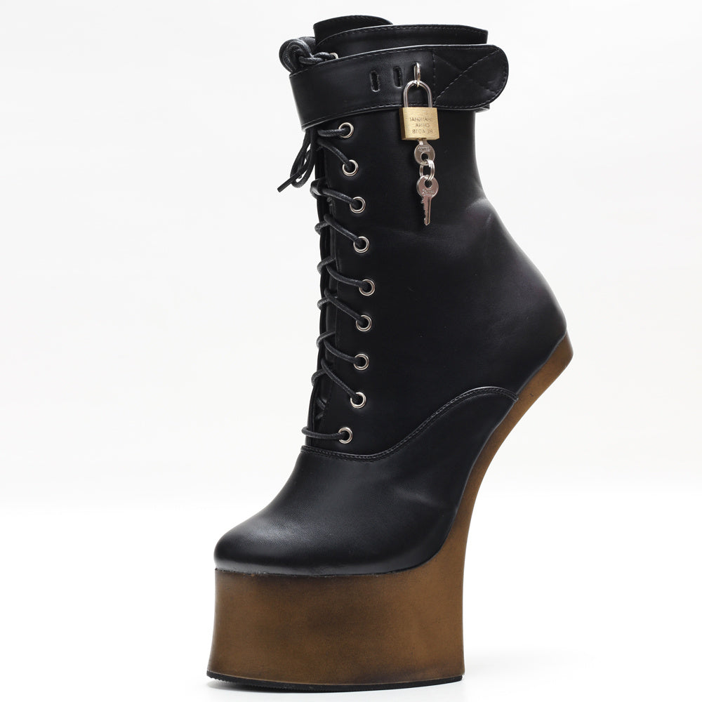 Black high-heeled boot with brown platform sole on a white background