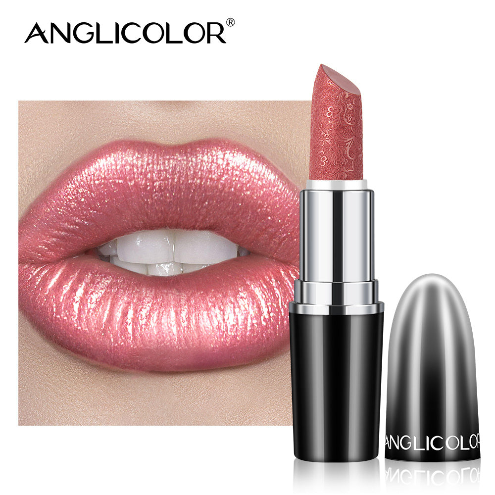 Anglicolor lipstick with a close-up of lips wearing the color on a white background