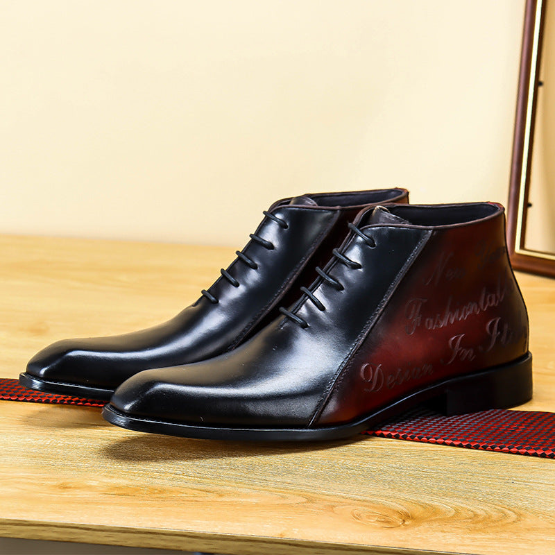Black leather shoes on a wooden surface with a reflective surface