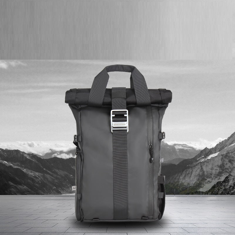 Gray backpack with a mountainous landscape in the background